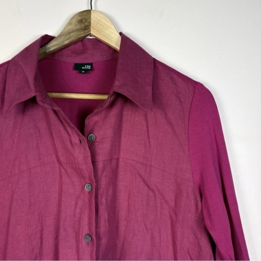 Lisa Bayne Artsy Pink Linen Bamboo Button Down Lagenlook Tunic Blouse - Picture 2 of 8